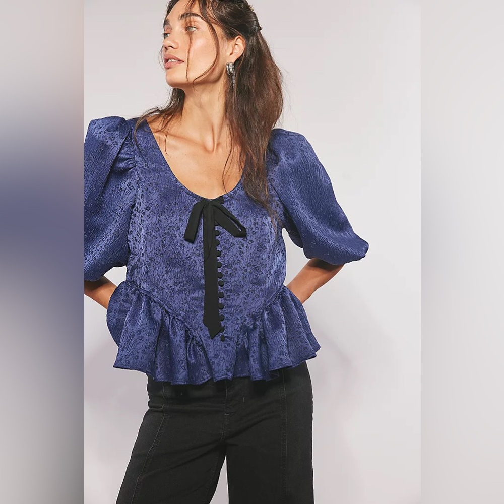 New Free People FP Puff Sleeve Pamela Bow Cottage Shirt Top Blouse sz S